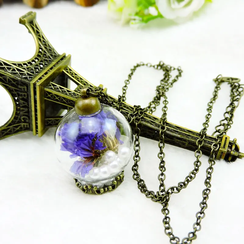 glass ball purple dried flowers necklace fashion handmade dome pendant jewelry women's favorite flower pearl |
