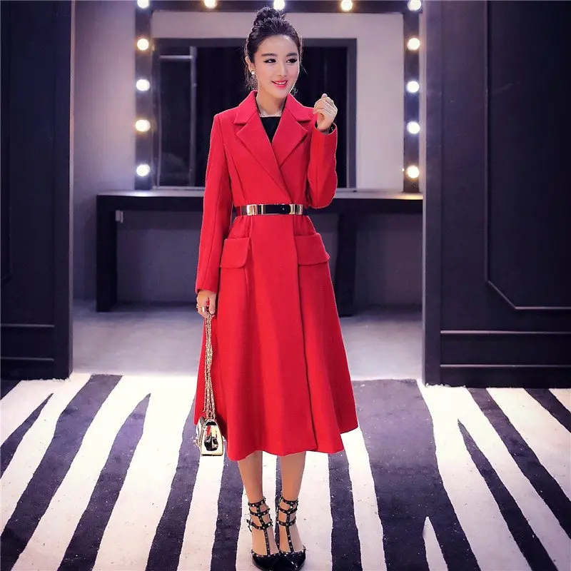 Красное шерстяное пальто 2019 зимнее женское элегантное длинное манто Femme модное