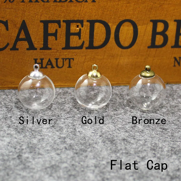 Silver Flat Cap 6 шт. 10/12/14/16 мм Пустые полые Стекло мяч с круглой металлической крышки Стекло флакон подвески ювелирных аксессуаров - Окраска металла: Silver Flat Cap