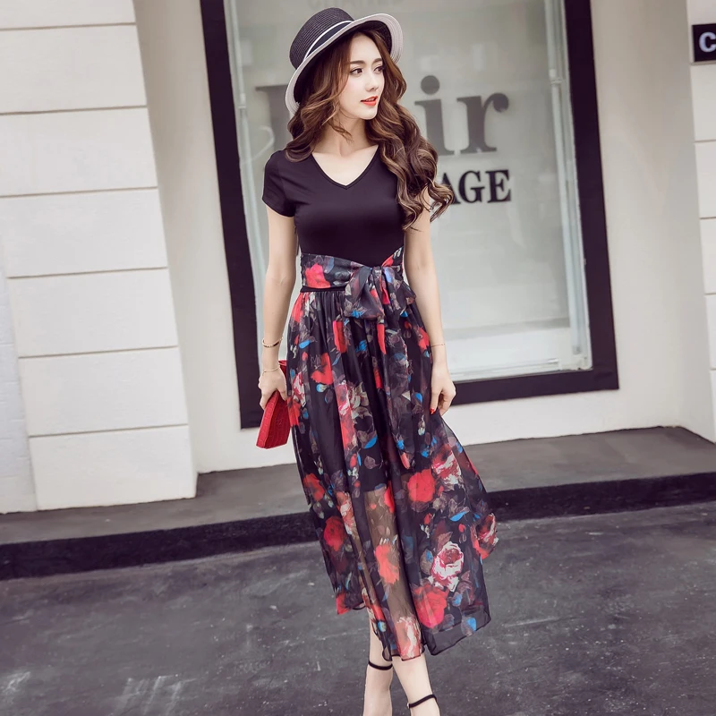 2018 summer new Korean short sleeved V collar slim Fashion Print Dress Chiffon dress female | Женская одежда