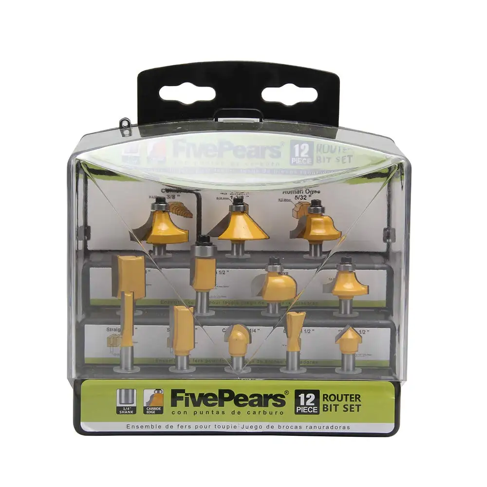 FIVEPEARS 12PCS 1/4" Router Bits Set Milling Cutters for Woodworking Tools Tungsten Carbide Wood Cutters with Portable Hook Box