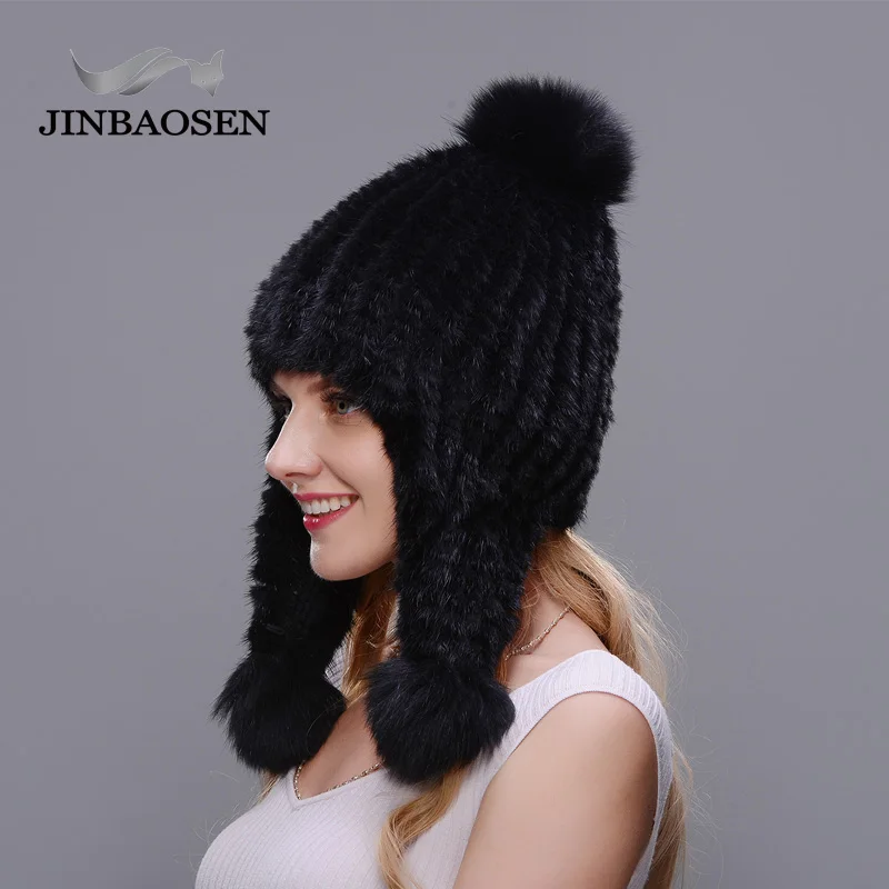 JINBAOSEN натуральная норковая шапка Rex женская зимняя Толстая теплая Модная вязаная