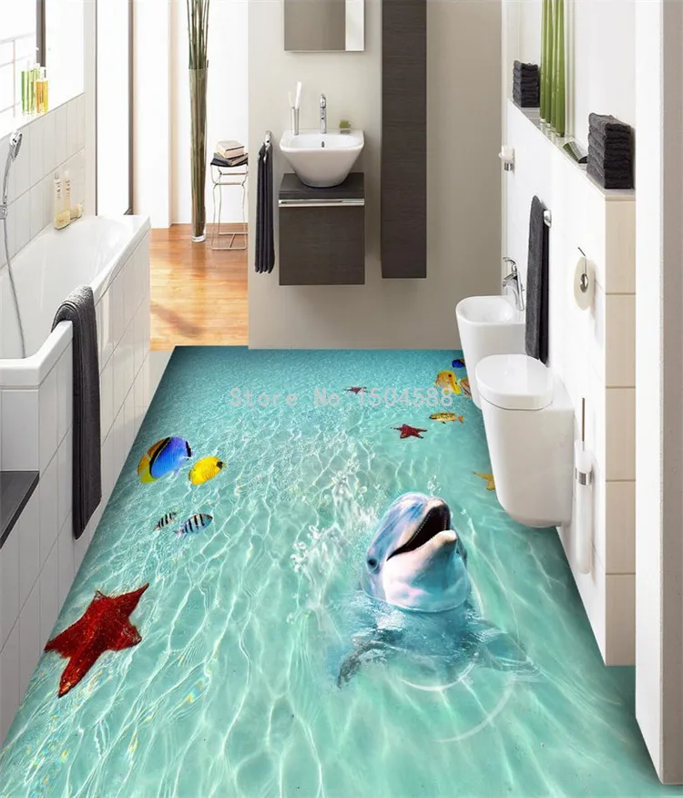 Настенная бумага на заказ, 3D, морской пляж, дельфин, 3D Рисунок пола, плитка, наклейка, ПВХ, самоклеющаяся, водонепроницаемая, настенная бумага для ванной, 3 D