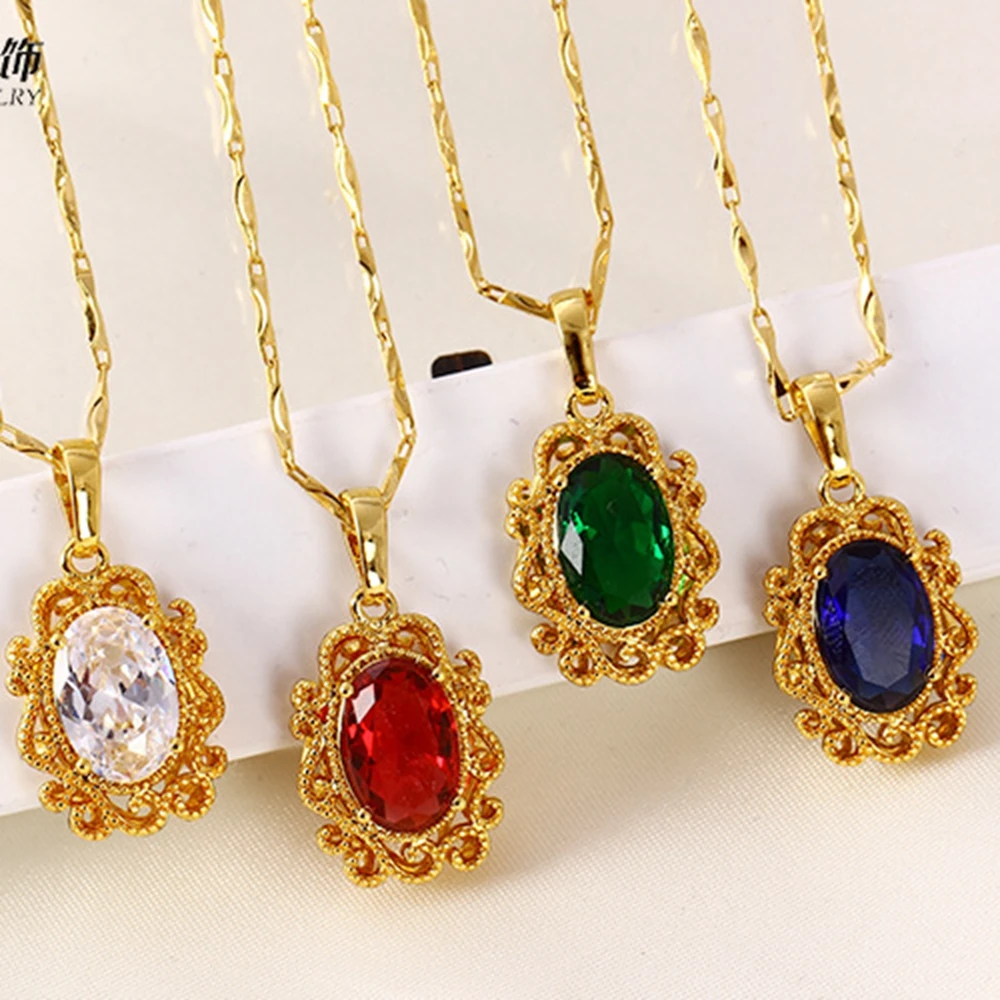 

Red/Green/Blue/White Oval Cut Yellow Gold Filled Womens Pendant Necklace Chain Gift