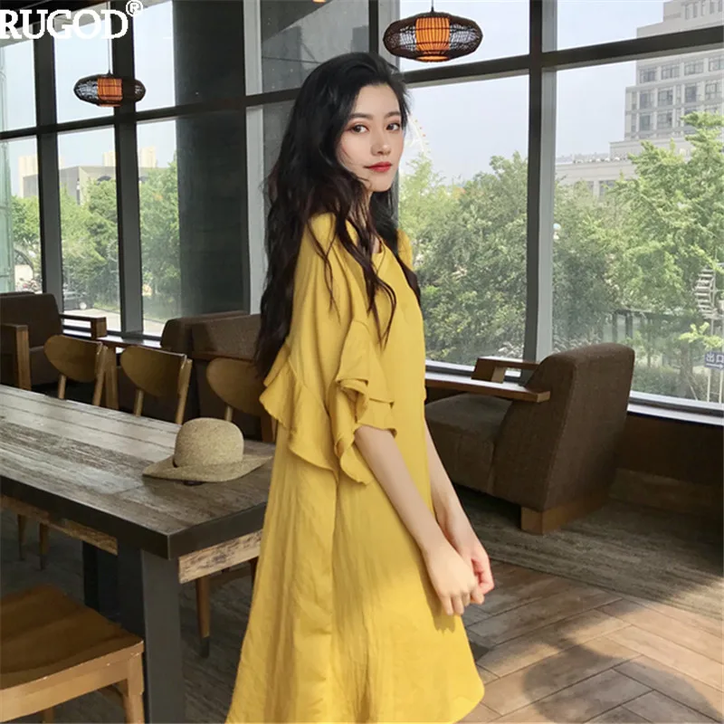 RUGOD Лето 2019 г. Твердые Хлопок повседневное Стильный Желтый и платье хаки женское