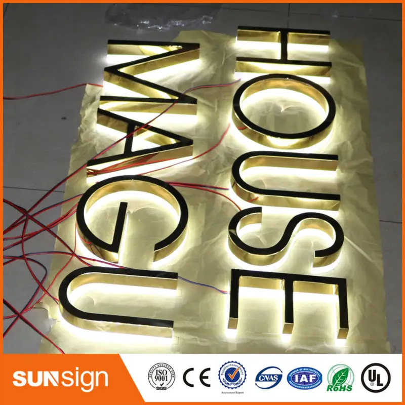 Dimensional Golden backlit letter stainless steel channel letter with acrylic back for exterior business sign letters