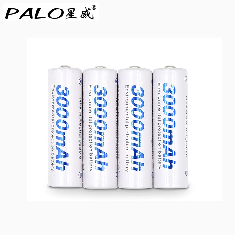 PALO 4 шт. AA 3000mAh перезаряжаемая батарея NI MH 1,2 V 2A аккумуляторная батарея для фонарика с 1 батареей чехол