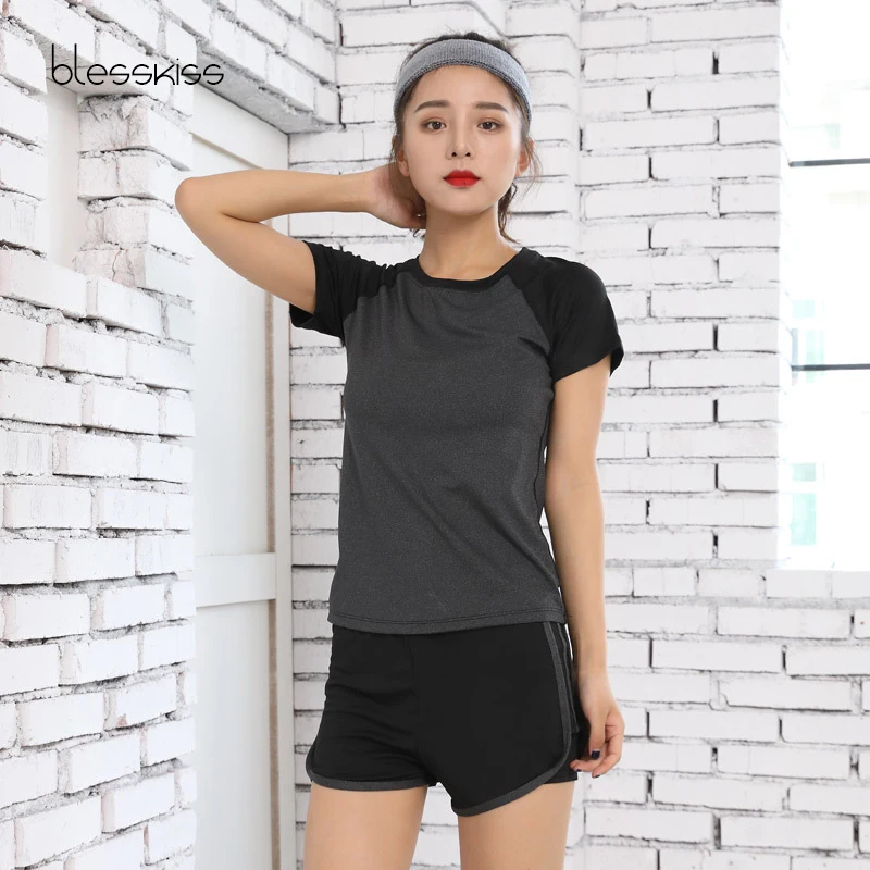 BLESSKISS XXL Женская Спортивная кофта Топ для занятий йогой Фитнес ткани с коротким рукавом для тренировок футболка для дам неоновые кроссовки футболка плюс Размеры