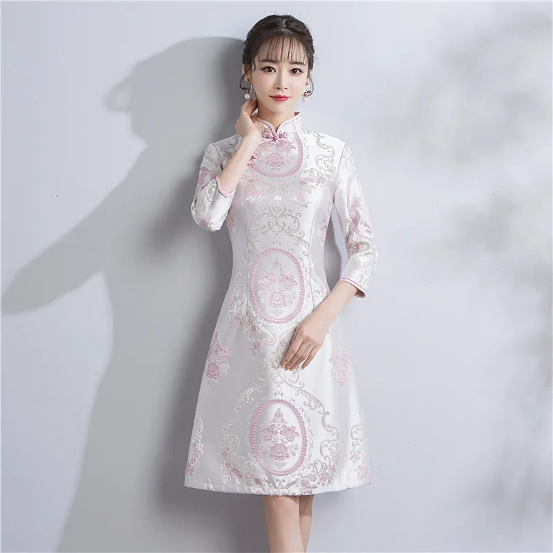 Шанхай история Половина рукава по колено атлас Cheongsam Qipao китайское традиционное платье Oriental платье для женщины