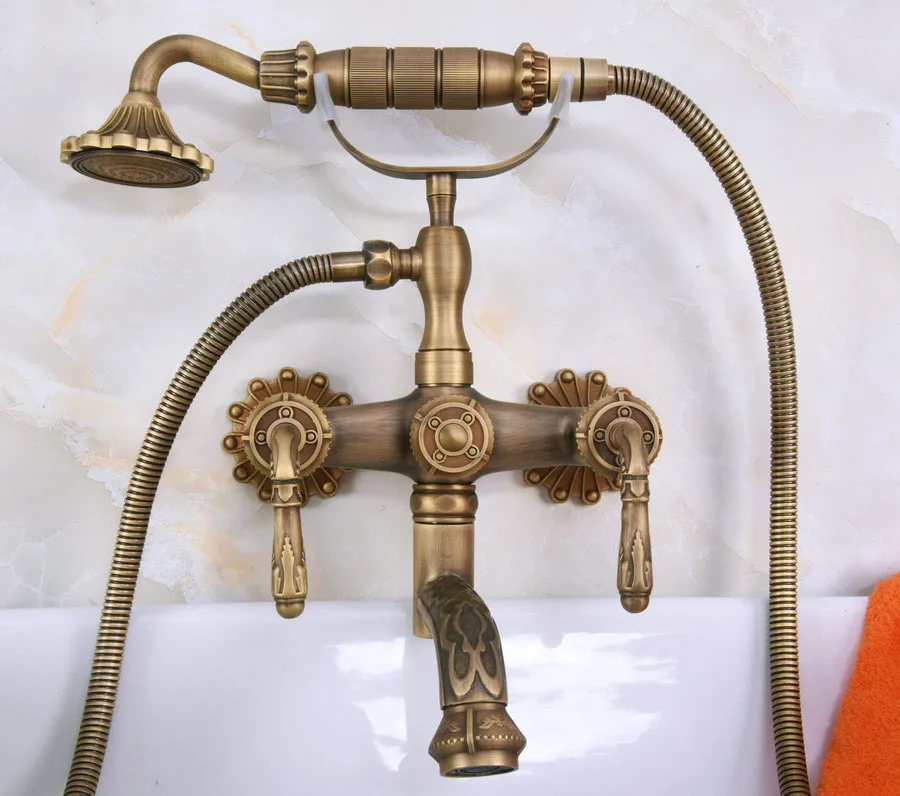 

Vintage Antique Brass Carved Art Wall Mounted Bathroom Clawfoot Tub Faucet Mixer Tap Telephone Shower Head Dual Levers ana222