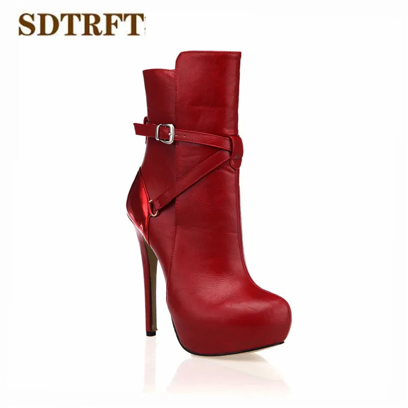 SDTRFT Spring Autumn platforms Stilettos 14cm thin heels Ankle martin boots Red Buckle wedding shoes Woman Botas Round Toe pumps | Обувь