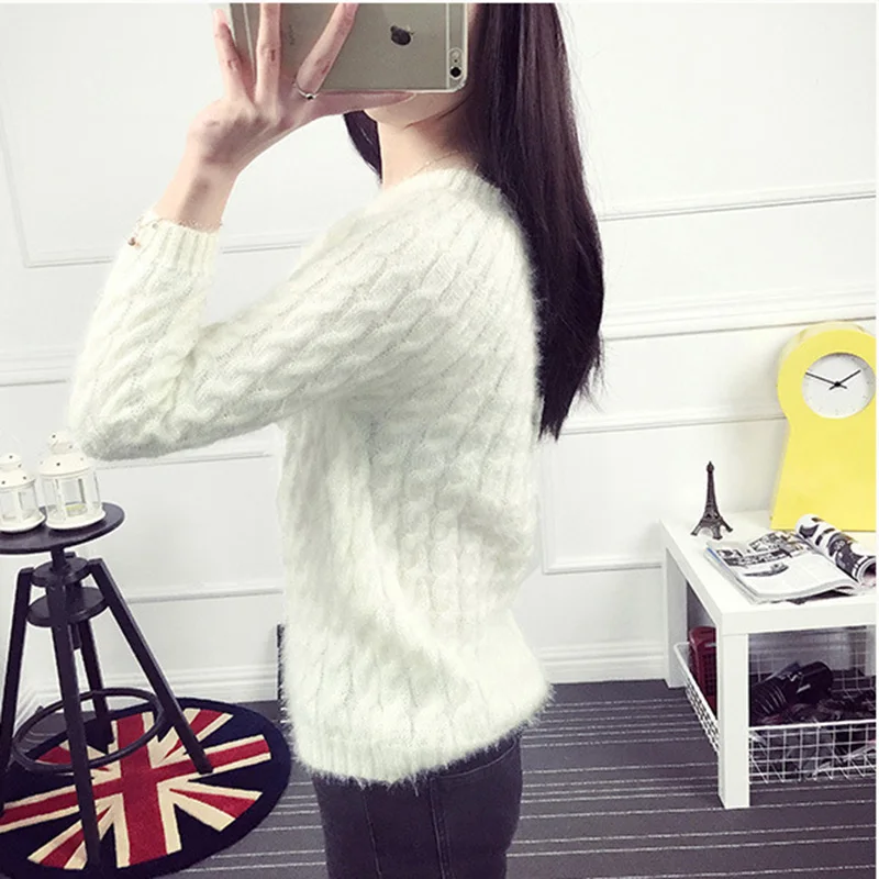 Women Sweaters Autumn Winter New Mohair Sweater Twist Loose Short Solid Color Round Neck Pullover Bottoming XY514 | Женская одежда