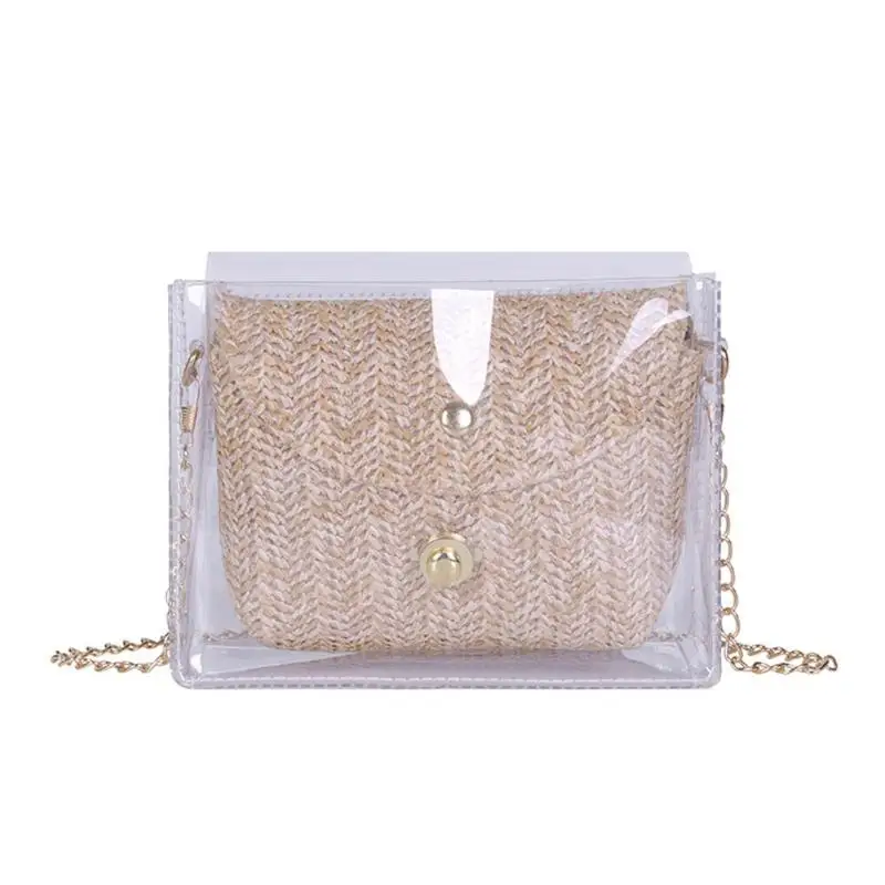 2pcs/set Handbag Transparent Women Hand Bags Chain Straw bag Lady Travel Beach Shoulder Cross Body Bag Holiday - Цвет: CAMEL