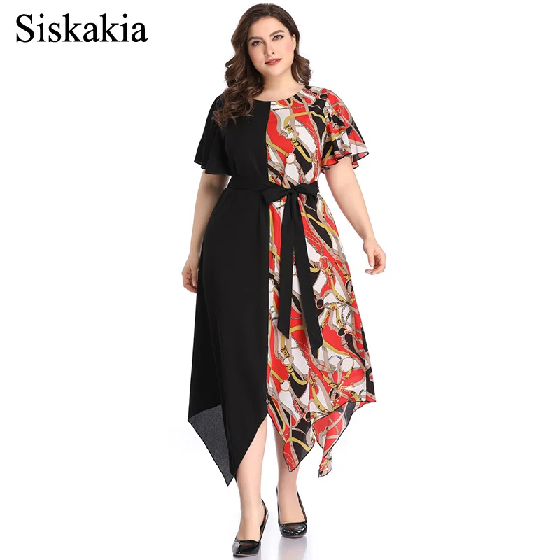 Siskakia 2019 Новое контрастное цветное лоскутное асимметричное платье Дамская мода