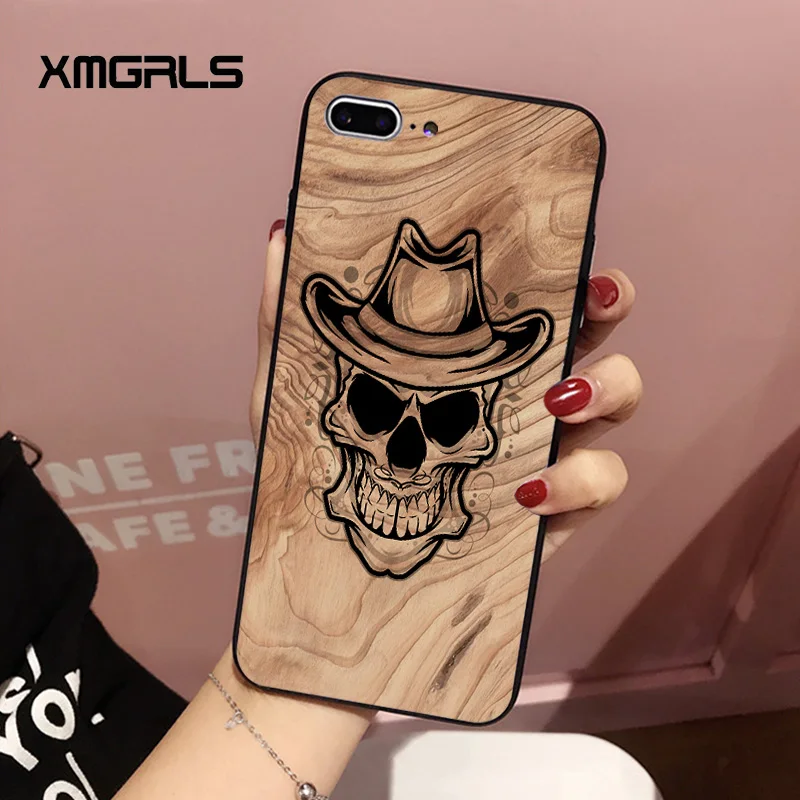 Xmgrls имитация дерева зерна череп для iPhone 7 случае узор Нескользящая PC матовый