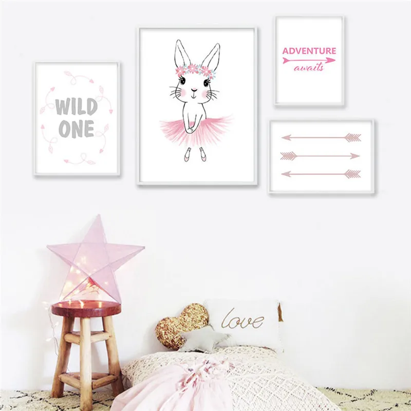 Poster Baby Girl Nursery Wall Art Canvas Painting Nordic Decoration Pink Rabbit Arrow Quotes Picture for living room | Дом и сад