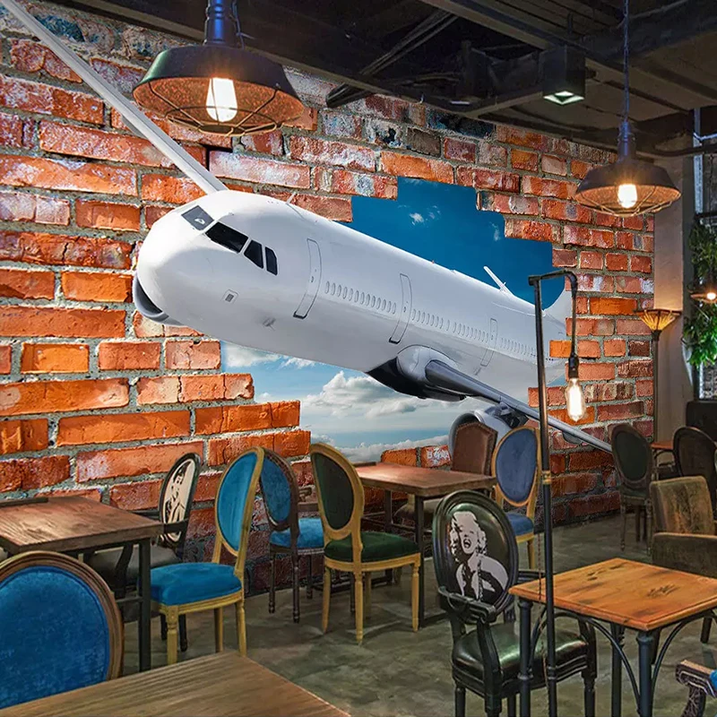

Custom Mural Photo Wallpaper For Walls 3D Stereoscopic Aircraft Breaking Wall Art Wall Painting Red Brick Background Wallpaper