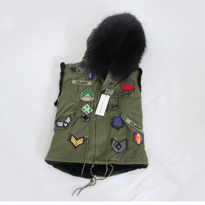 Green black fur Зимний меховой жилет с капюшоном, британский стиль, армейский зеленый цвет, воротник из натурального меха енота, женская жилетка, бренд - Цвет: Green black fur