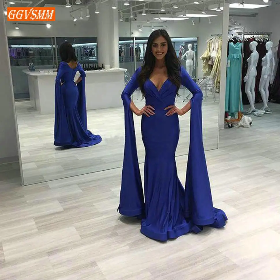 

Formal Royal Blue Roland Silk V Neck Evening Dresses Long Poet Sleeve Mermaid Evening Gown Customized Slim Fit Women Party Dress