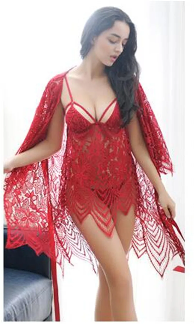 A Style Женская ночная рубашка с кружевными подтяжками, черная, красная, соблазнительная, Прозрачная Кружевная Пижама, комплект с бюстгальтером без косточек, кружевные ночные рубашки - Цвет: A Style