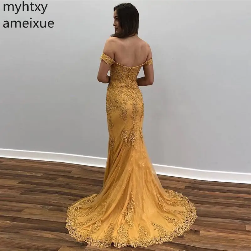 2020 Elegant Gold Custom Sexy Evening Dress Beading Mermaid Style Formal Party Dresses Sweep Train Off Shoulder Robe De Soiree