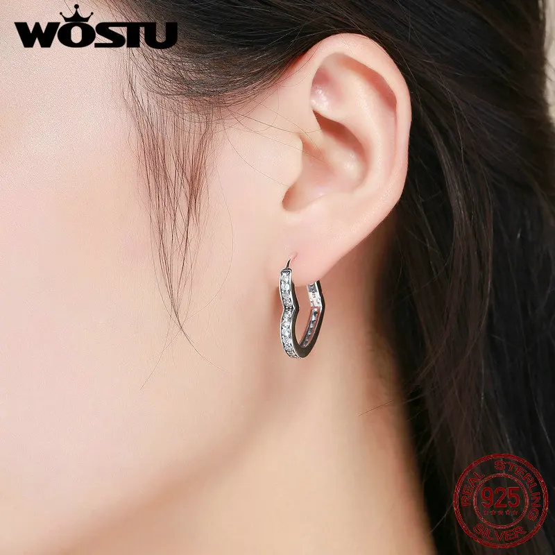 WOSTU, высокое качество, 925 пробы, серебро, романтическое сердце, прозрачный CZ, серьги-гвоздики для женщин, S925 серебро, ювелирное изделие, подарок CQE290