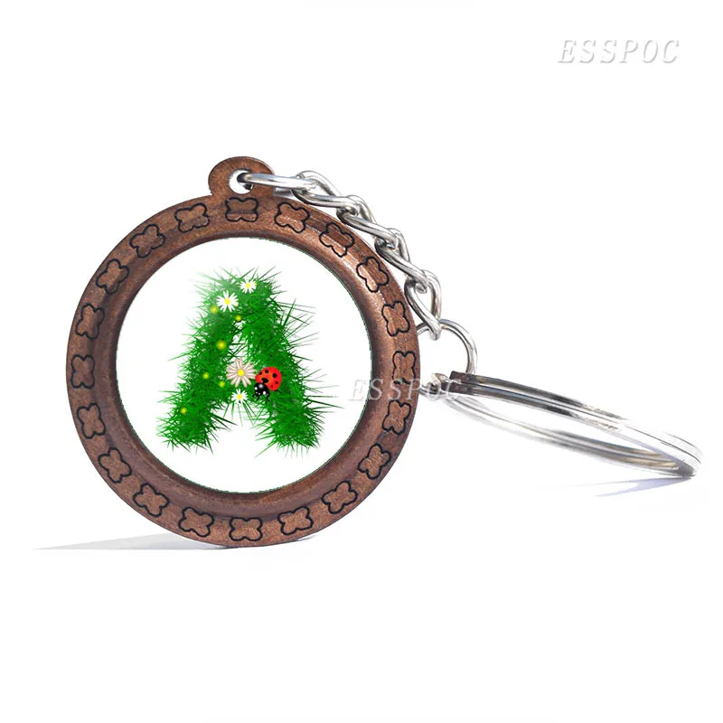 26 Letters A-Z Wooden Key Chain Round Glass Cabochon Jewelry Letter Creative Pendant Fashion Accessories Keychain Birthday Gifts | Украшения