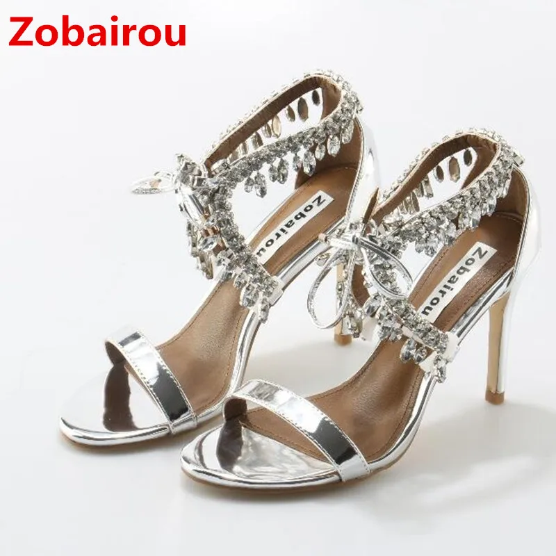 

Zobairou gladiator sandals women summer high heels sliver black rhinestone luxury shoes women designers runway sandalias pumps