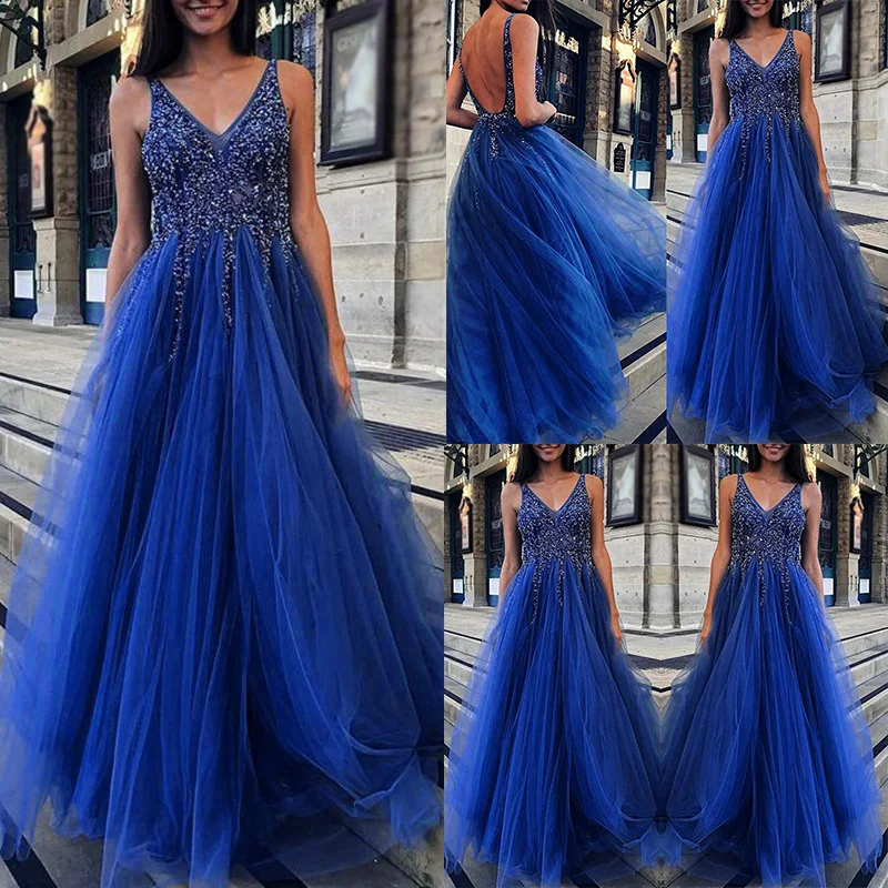 Женское платье с блестками и открытой спиной фатиновое Платье макси v образным