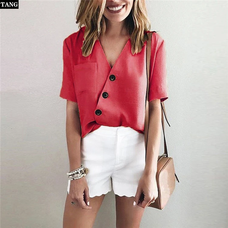 Женская блузка цветочный короткий рукав Топы Глубокий v-образный вырез сплошной