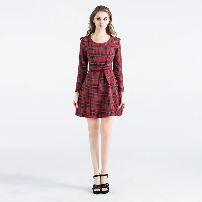 2017 Casual Dress Полоса Решетки Вокруг Шеи длинным Рукавом Талии Чтобы Показать Тонкие