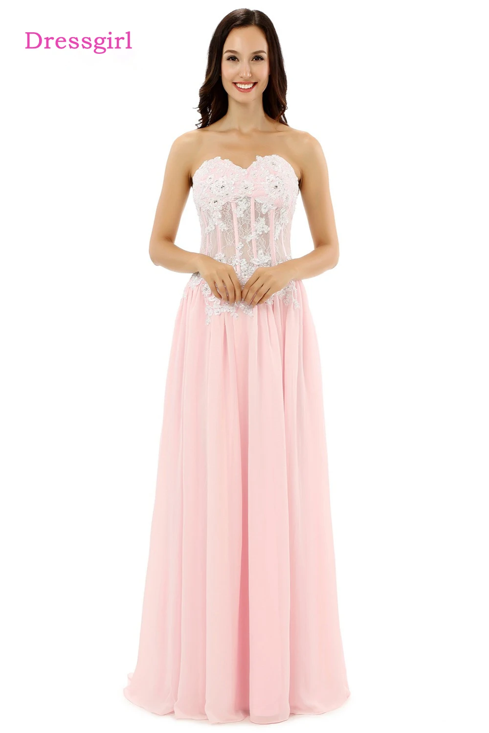 

Pink Elegant Evening Dresses A-line See Through Chiffon Lace Beaded Long Evening Gown Prom Dress Prom Gown