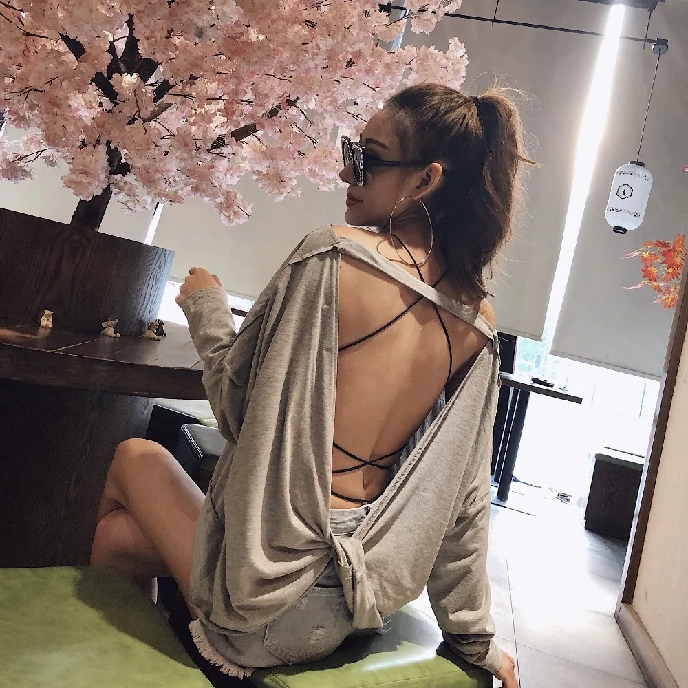 2019 весна осень толстовки сексуальные с открытой спиной женские круглым вырезом