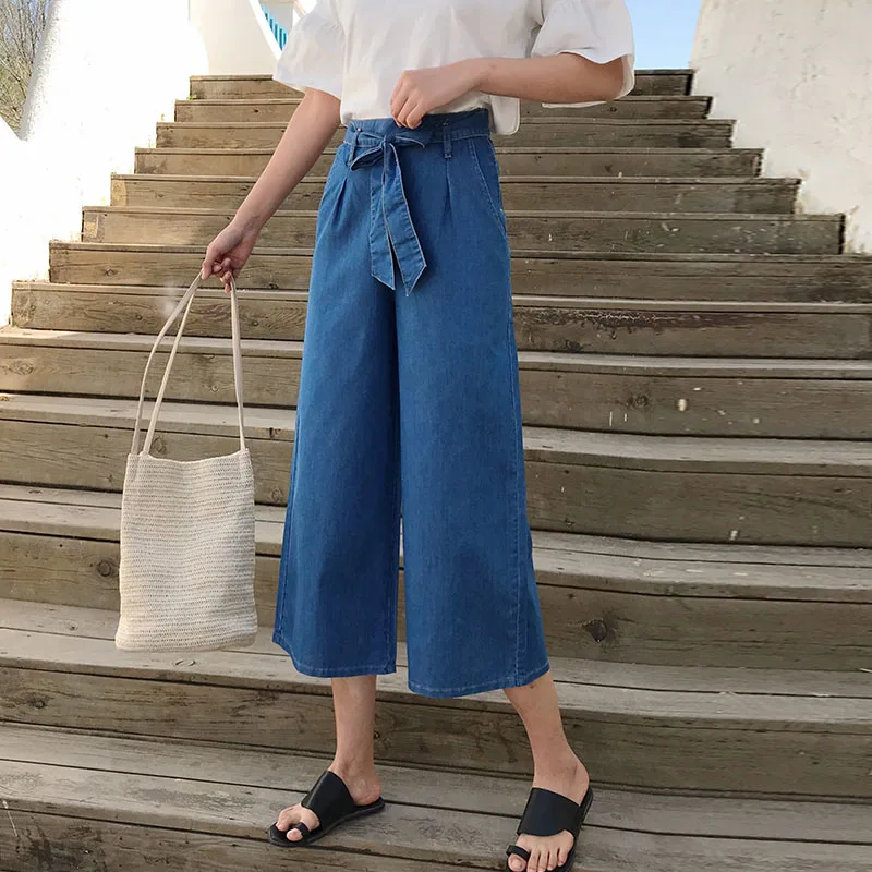 S-5XL Harajuku укороченные брюки синие джинсы галстук-бабочка стрейч талия широкие