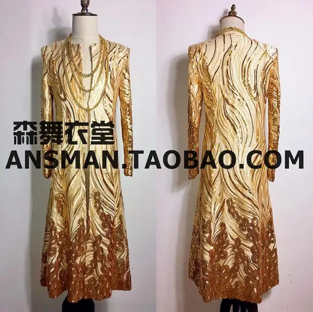 

2022 New Fashion Male Singer DJ Nightclub Guest Jacket Yellow Gold Gradient Three-Dimensional Embroidery Long Umbrella Costume
