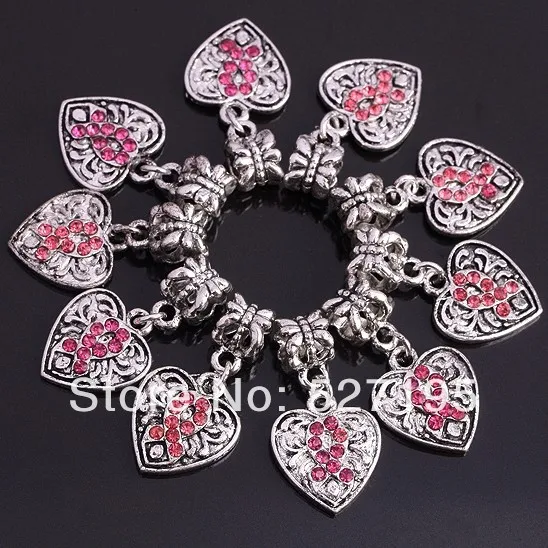 Розовая лента осведомленность о раке груди блестящие подвески|dangle charms|heart dangle