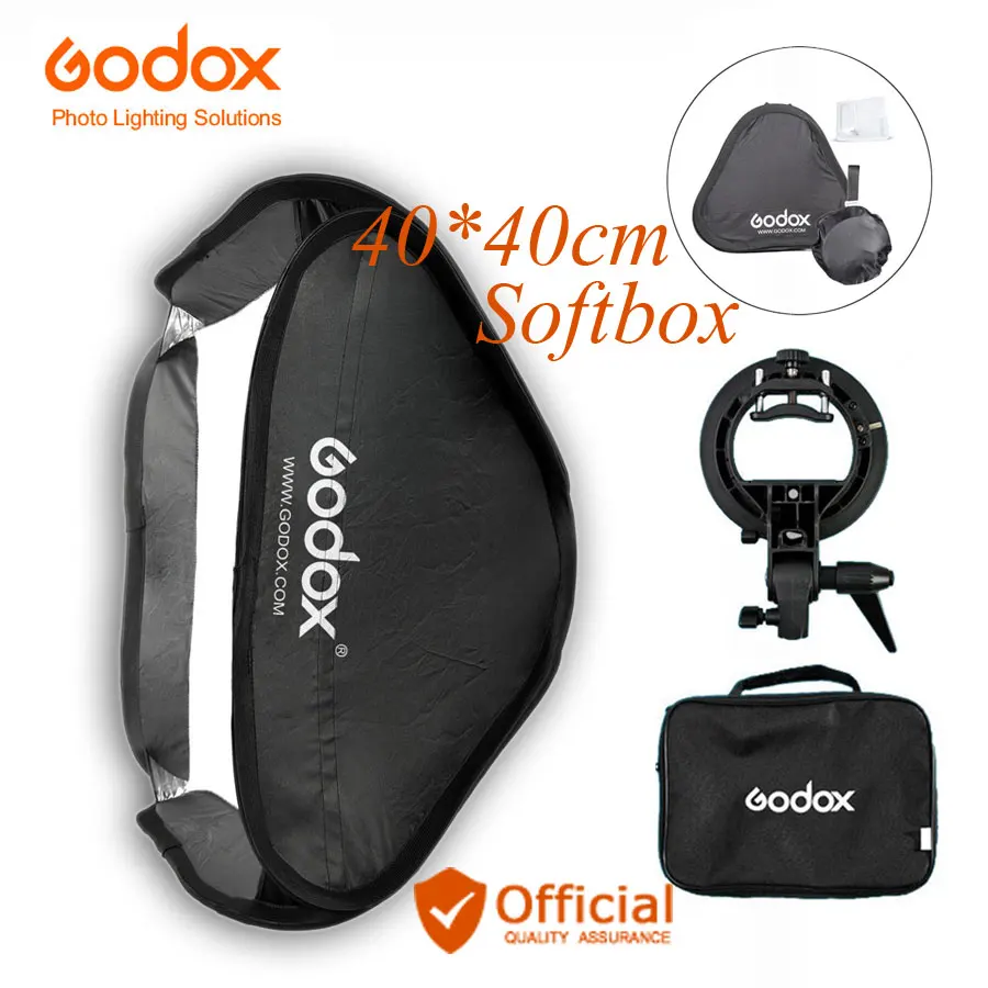 

Софтбокс Godox 40*40 см с ручным кронштейном для вспышки S-type + креплением Bowens и сумкой для переноски камеры Canon Sony Nikon