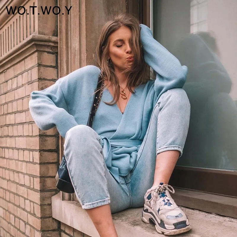 S19086Blue WOTWOY, шнуровка, v-образный вырез, крест, зимние вязаные свитера для женщин, с открытыми плечами, розовый цвет, уличная одежда, сексуальные кардиганы большого размера для женщин,, хит - Цвет: S19086Blue