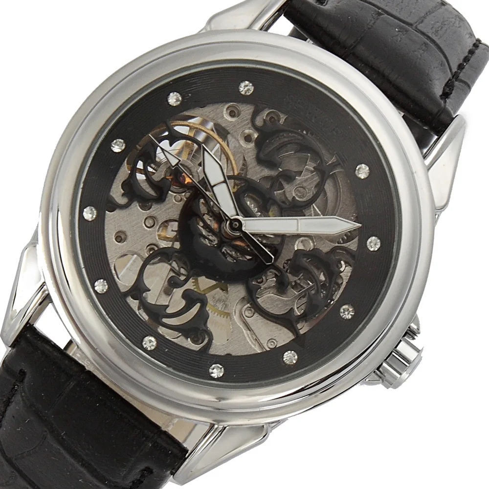 

SEWOR Mens Watches Dress Rhineston Watches Skeleton Men's Leather Watch Band Mechanical Watches Men Мужские часы C898