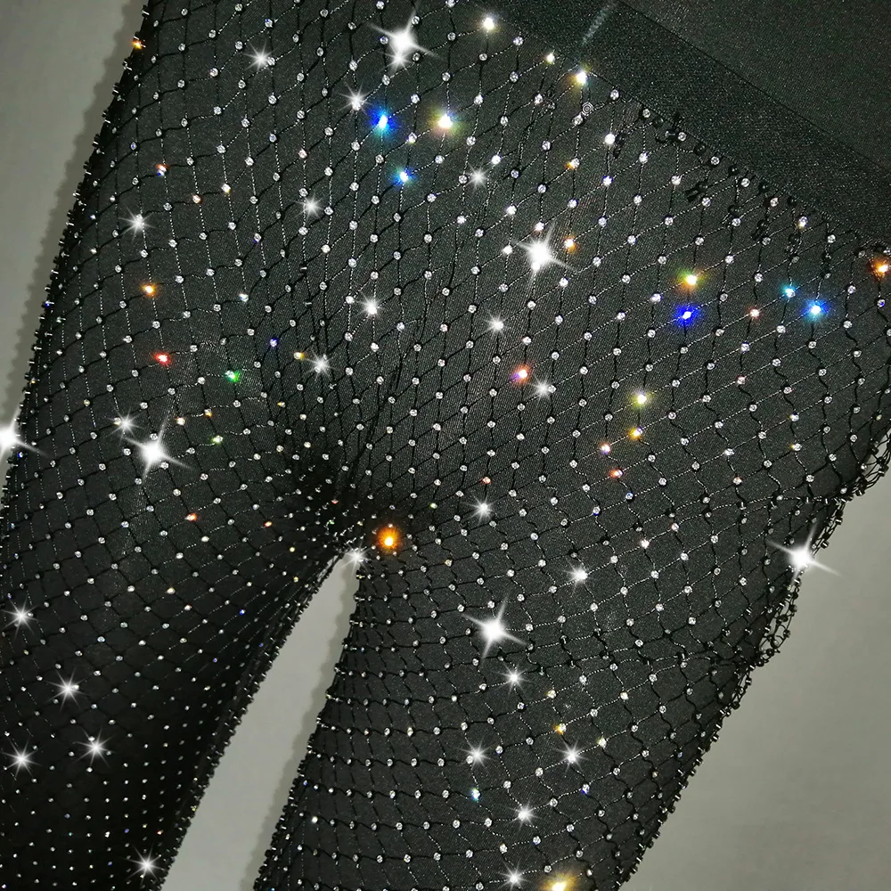 

Crystal Rhinestones Diamonds Fishnet Sexy Tunic Pants Women Long Bottoms Mesh Hollow Out Transparent Beach Club Party Trousers
