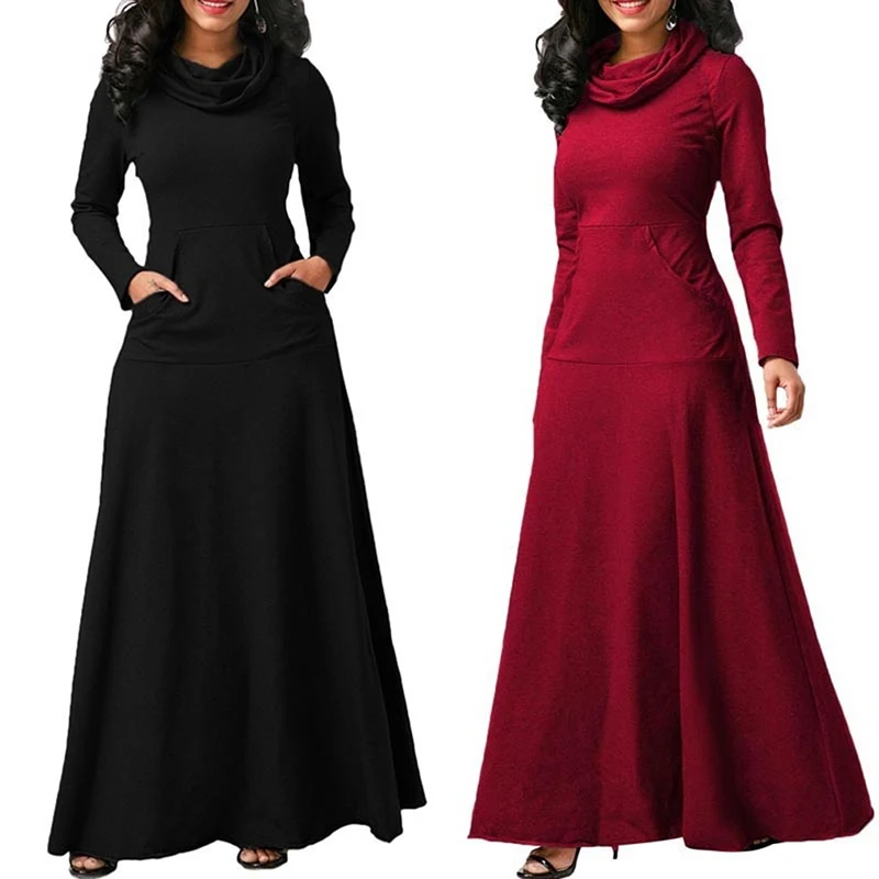 Женское винтажное платье макси с карманами повседневное однотонное длинное