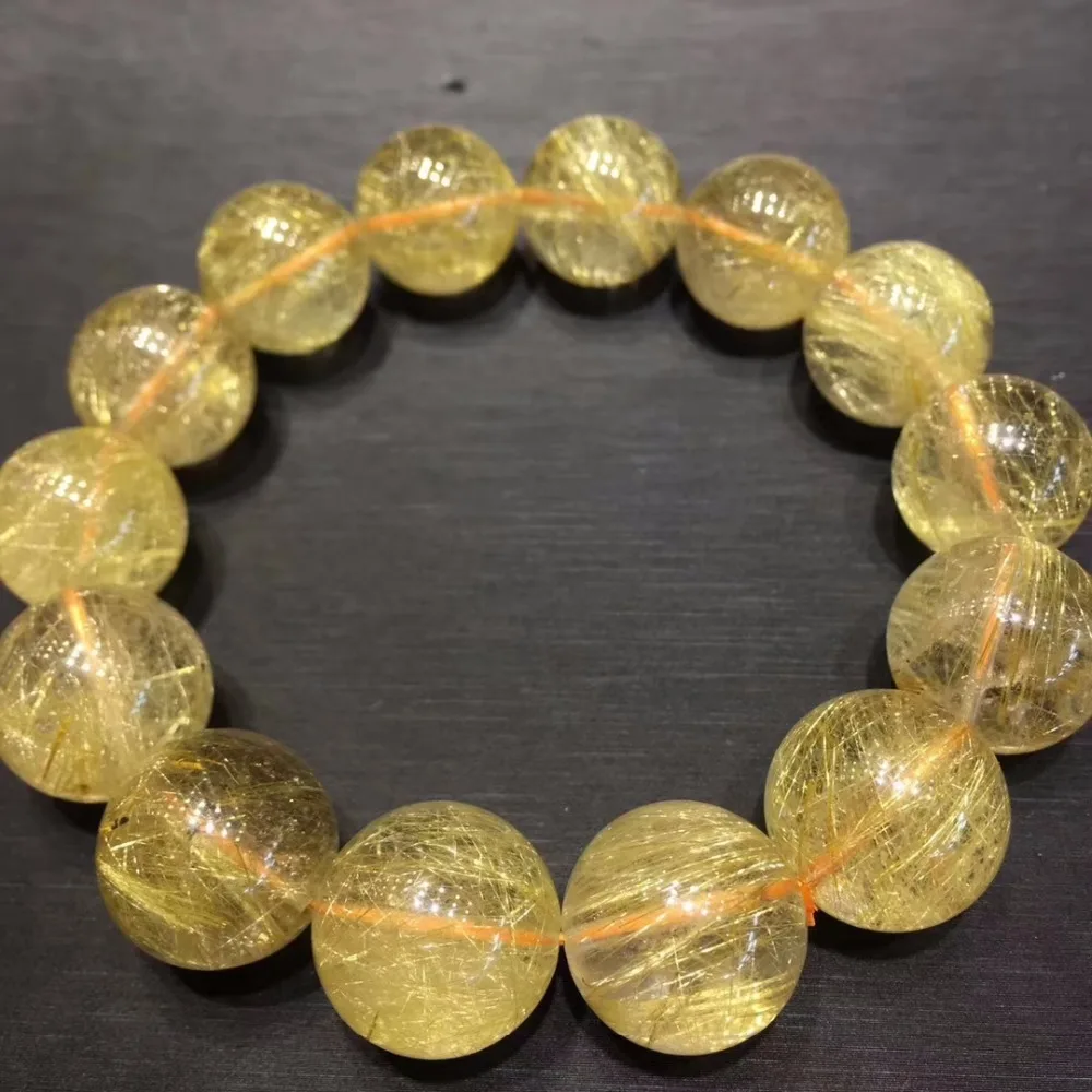 

Top Quality Natural Gold Rutilated Titanium Quartz 16mm Round Beads Bracelet Brazil Women Stretch Crystal Certificate AAAAAA