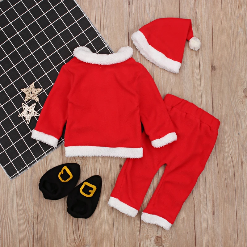 Комплект одежды на Рождество Осень Детская Дети милый красный Рождественский дед комплект пальто+ брюки+ шляпа+ обувь 4 шт. для комплект для мальчиков и девочек