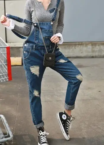 deep blue Комбинезон Boyfriend Ripped denim комбинезон для женщин потертые джинсовые комбинезоны повседневные Карманы ремень нищие длинные брюки - Цвет: deep blue