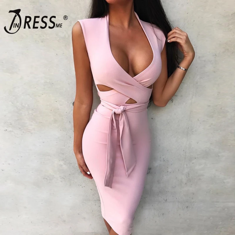 INDRESSME элегантное женское платье с бантом сексуальное розовое облегающее Ретро