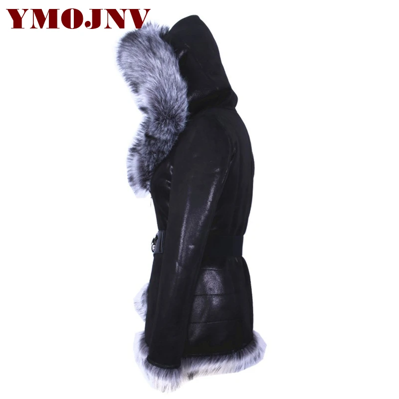 YMOJNV Новая женская зимняя куртка с капюшоном, двухсторонние меховые куртки для женщин, большой меховой воротник, искусственный мех, верхняя одежда, тонкая уличная одежда, пальто
