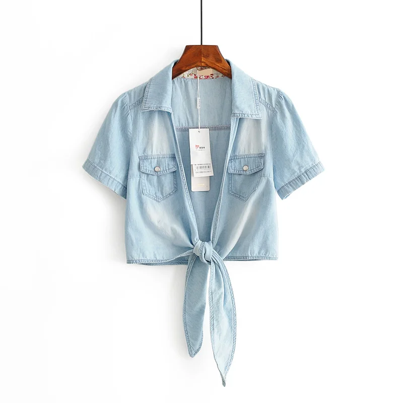 Ruoru, кимоно, джинсовая рубашка, короткий рукав, женские топы, Chemise Femme, укороченный топ, сексуальные короткие джинсы, рубашка, блузка, летние женские рубашки