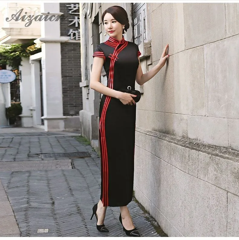 Черное винтажное платье Femme Slim Cheongsam Современные длинные платья Qi Pao женское традиционное китайское платье в восточном стиле халат Ципао