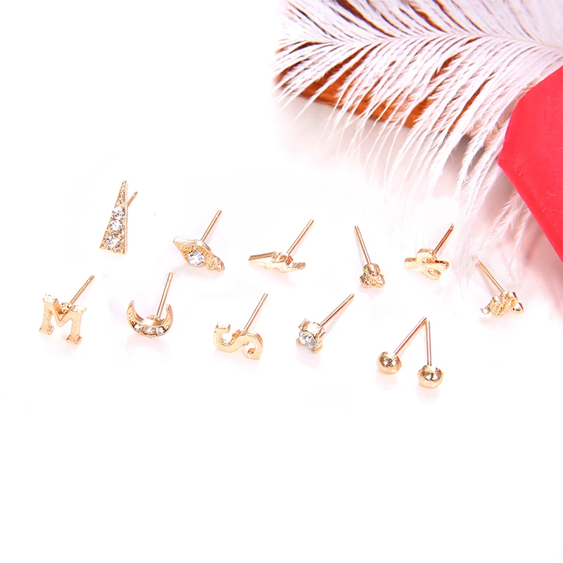 12 Pcs/Set Fashion Moon Letter Lightning Cactus Geometric Crystal Stud Earring Women Charm Gold Earrings Set Combination | Украшения и