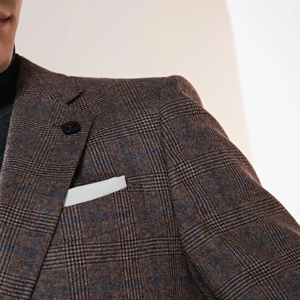 100% wool high quality blazer men brown plaid smart casual single breasted full sleeve mens clothes 2018 autumn winter warm wear | Мужская